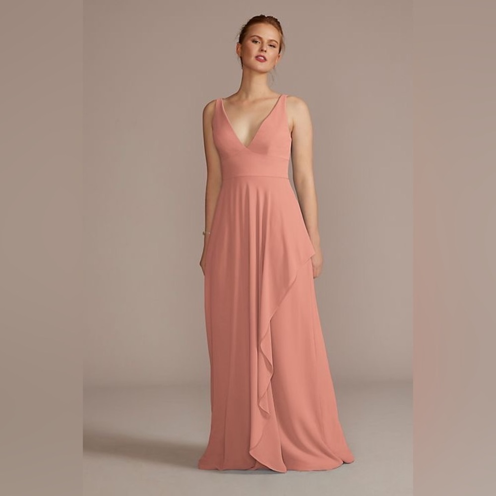 David’s Bridal | Desert Coral chiffon v-neck tank bridesmaid dress with cascade